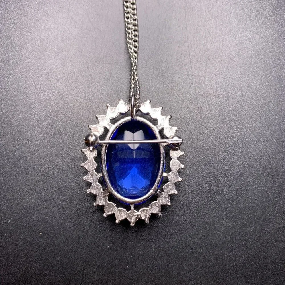 Faux Sapphire Pendant Necklace or Brooch Glass Oval Silver Tone Glam Vintage